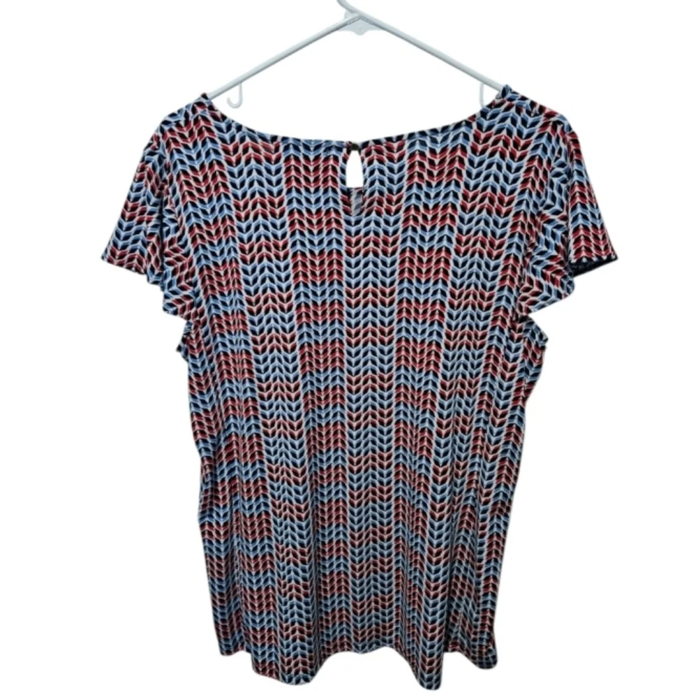 Liz Claiborne Womens Short Sleeve Top Size Large Red Blue Abstract Print Stretch - Picture 2 of 3